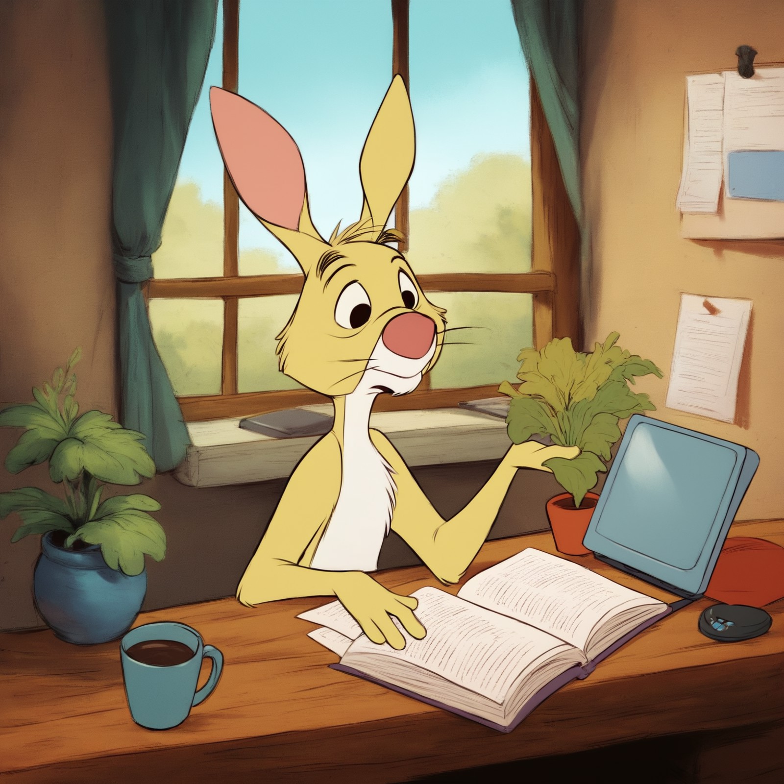 <lora:Rabbit_Pooh:1> rabbitpooh, PonyXLV6_Scores, 1boy, an anthro rabbit sitting at his home office computer, desk, indoor...